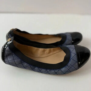 Tory Burch Leather Bridgette Ballet Flat Blue/Black Quilted Size US8